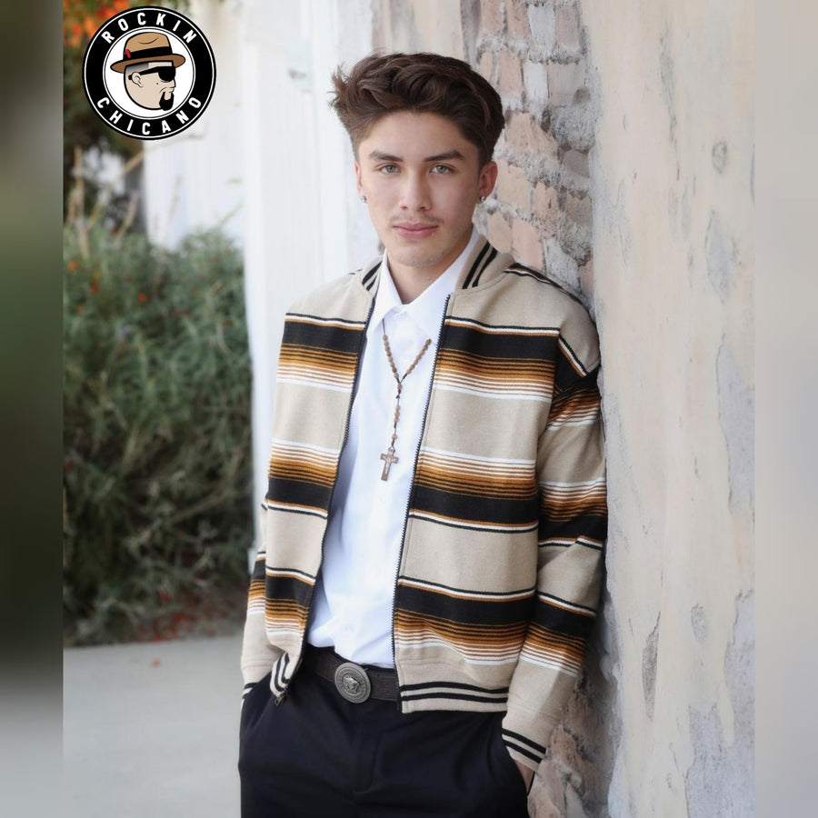 "Rockin Chicano" Sarape Bomber Jacket-Brown & Beige